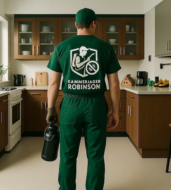 Das Bild zeigt einen Berliner Schädlingsbekämpfer vom Team »Kammerjäger Robinson«.